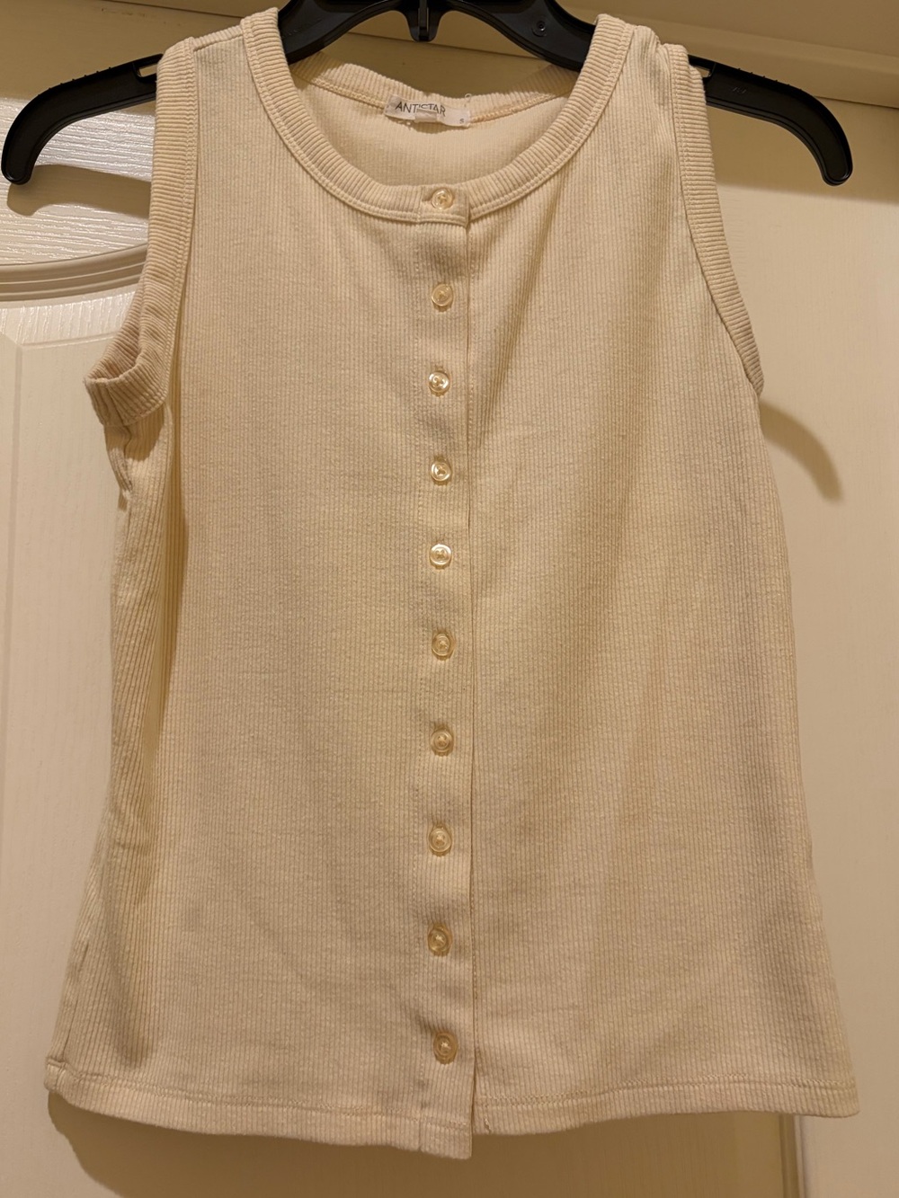 Antistar Sleeveless Button-Front Ribbed Tank Top — Cream